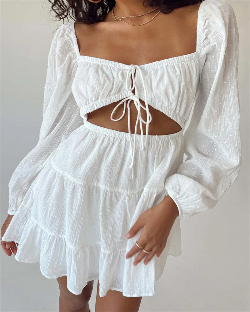 

Women Lace Up Dress Summer Simple White V-neck Long Sleeve Hollow Out Pleated Mini Holiday High Waist Ruffled Mini Dresses