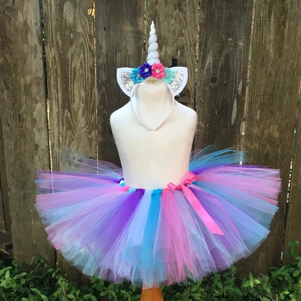 Girls Multicolor Tutu Skirts Kids Ballet Dance Tutus Tulle Pettiskirts with Unicorn Hairbow Set Kids Cartoon Party Costume Skirt