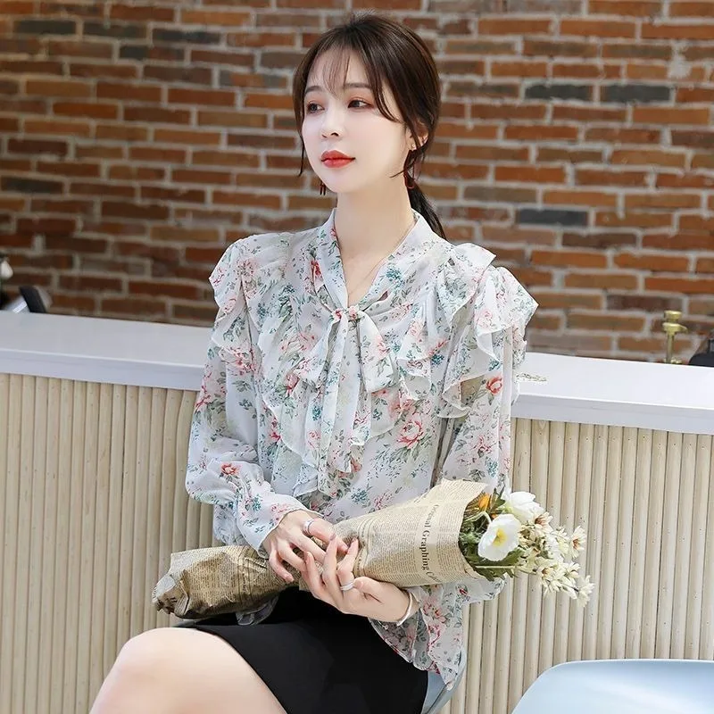 Superfairy Floral Chiffon Shirt Female in The Summer Flounce Pullover Bow Shirt Minority Loose Sun Protection Jacket  Shirt