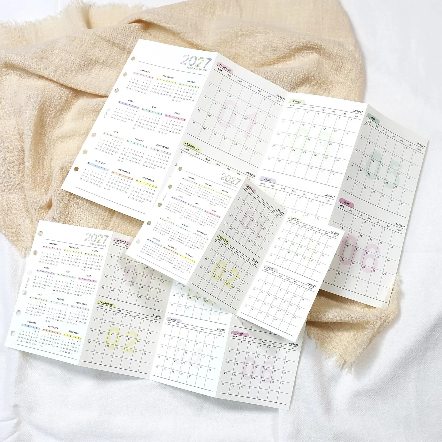 2027 4-Fold Yearly Calendar Loose Leaf Refill A6 A7 M5 with Annual Summary Area Habit Tracking Diary Schedule Planner Insert