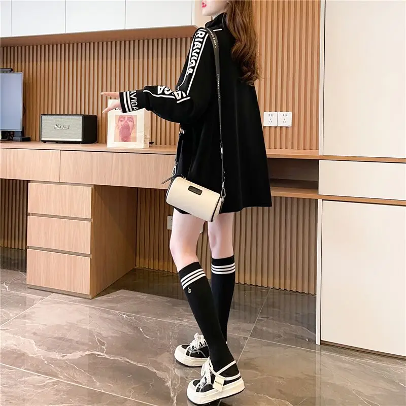 Trend Letter Print Loose Tops Spring Autumn Long Sleeve High Necked Solid All-match T Shirts Fashion Street Casual Women Clothes