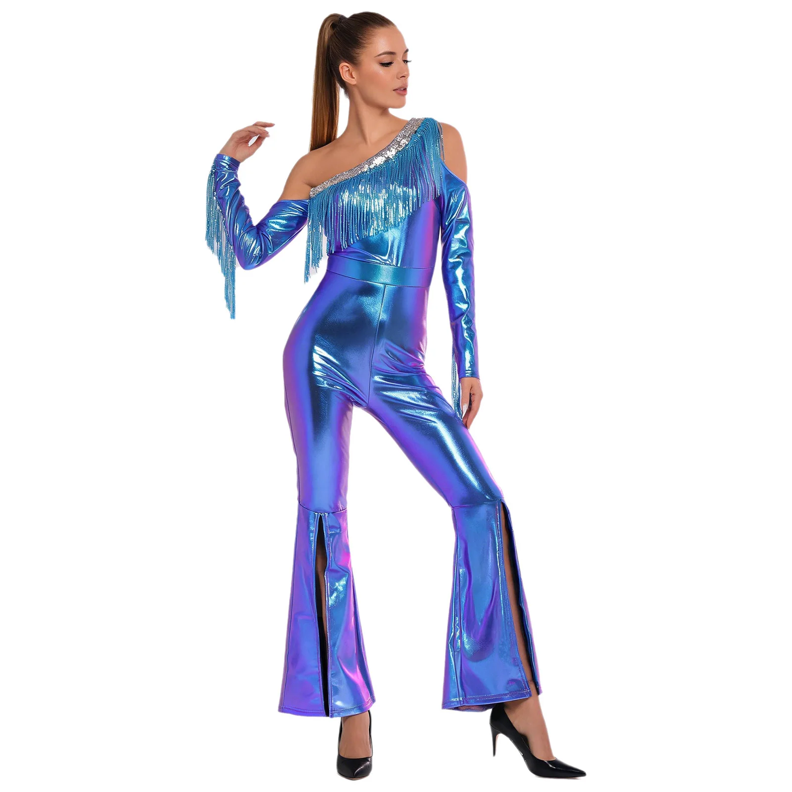 Womens 70s 80s Disco Flare Jumpsuit Sequins Tassels Long Sleeve Metallic Shiny Bell Bottoms Bodysuit for Jazz Dance Prom Party