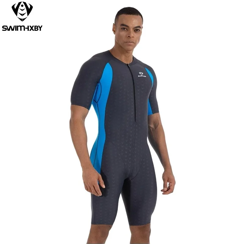 Men'S Short Sleeve Competitive Swimwear Durable Waterproof One Piece Racing Swimsuit For Professional Training Competition