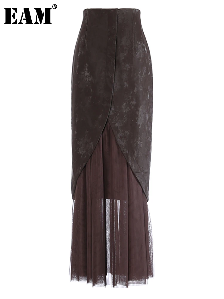 [EAM] High Waist Brown Suede Mesh Irregular Perspective Elegant Half-body Skirt Women Fashion New Spring Autumn 2024 1DH1756