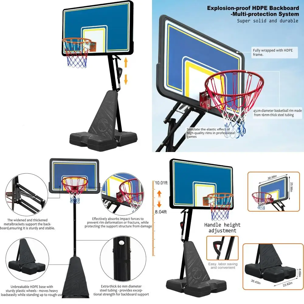 Adjustable Height Outdoor Basketball Goal, Portable 8.04-10FT Goal with 44 Inch Shatterproof Backboard, Heavy-Duty Base