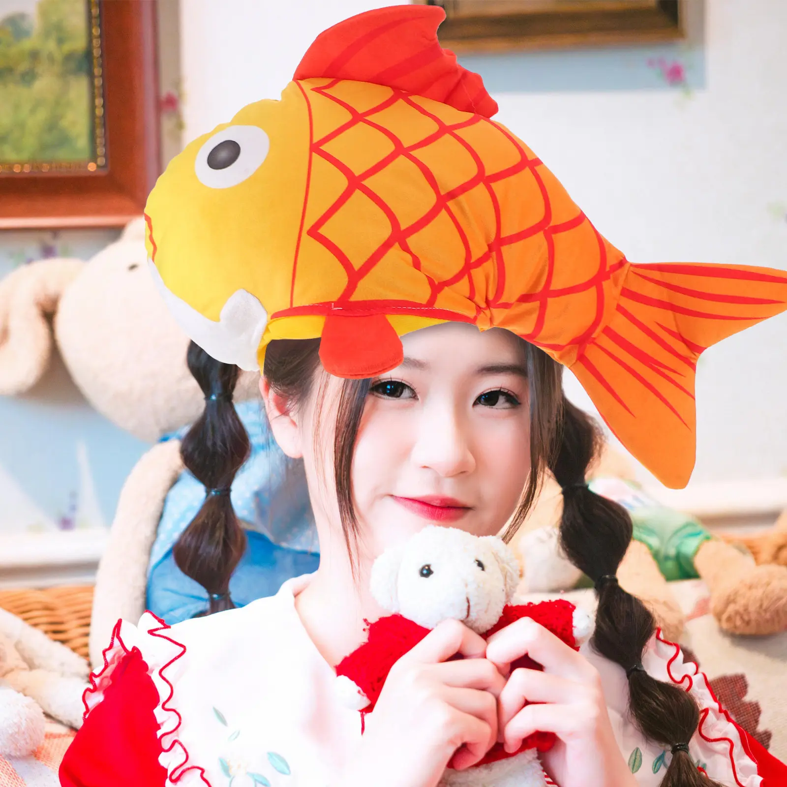 Urocza czapka w kształcie ryby Koi, wygodny, kreskówkowy kapelusz z motywem życia morskiego na cosplay, karnawał, imprezę, Halloween, przebranie, nowatorski kostium zwierzęcy.