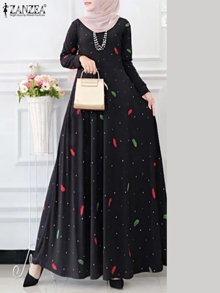 ZANZEA-vestido maxi boêmio de manga comprida para mulheres, estampa floral abaya, roupa islâmica, vestido de verão muçulmano, taco elegante, outono