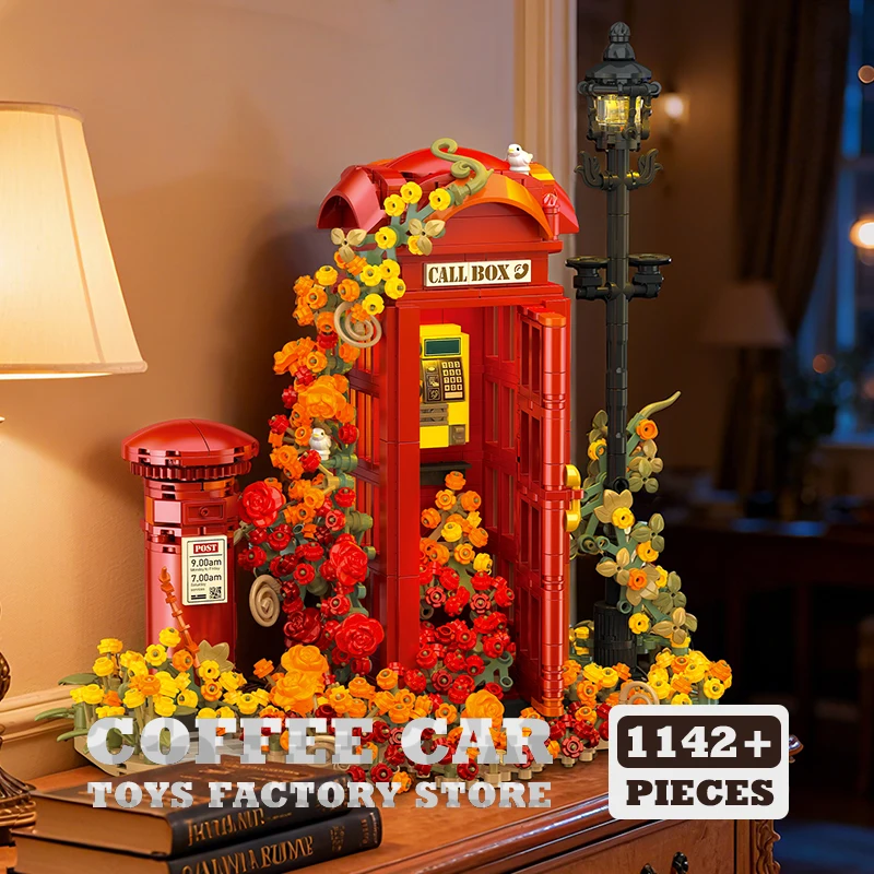 1142Pcs Retro Phone Booth Building Blocks 3D Desktop Model Creative Flower Call Box MOC Bricks Construction Toys Adult Kid Gifts