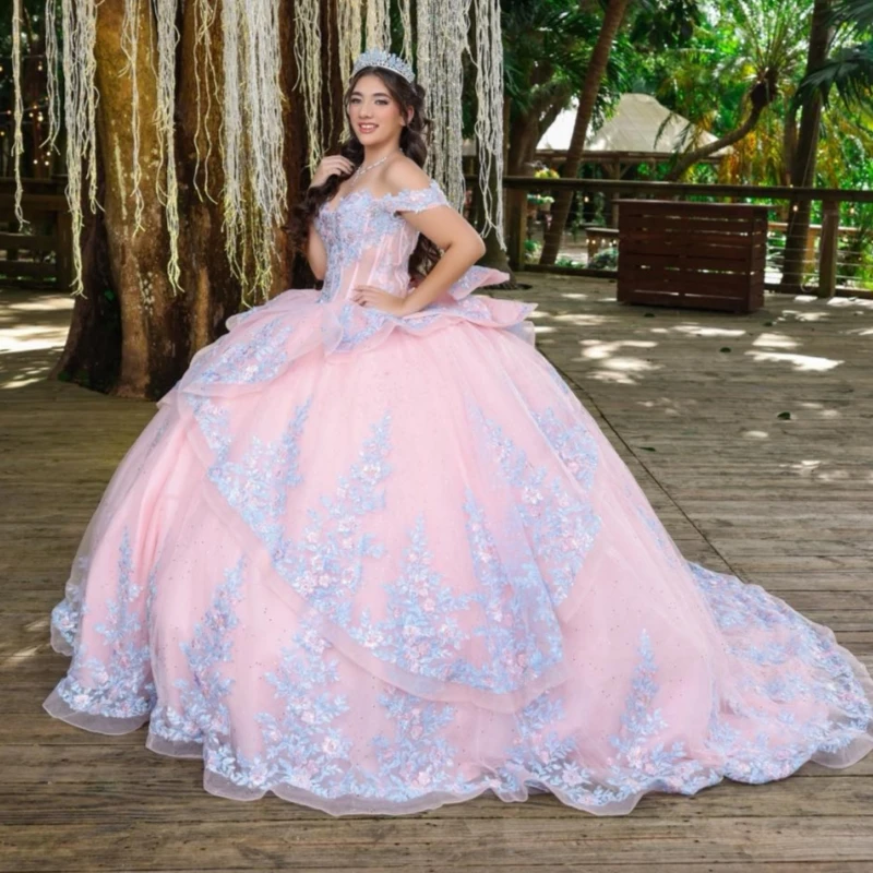 

Pink Shiny Quinceanera Dresses Ball Gown Off The Shoulder Applique Lace Beading Crystal Bow Corset Tull Party Birthday Sweet 16