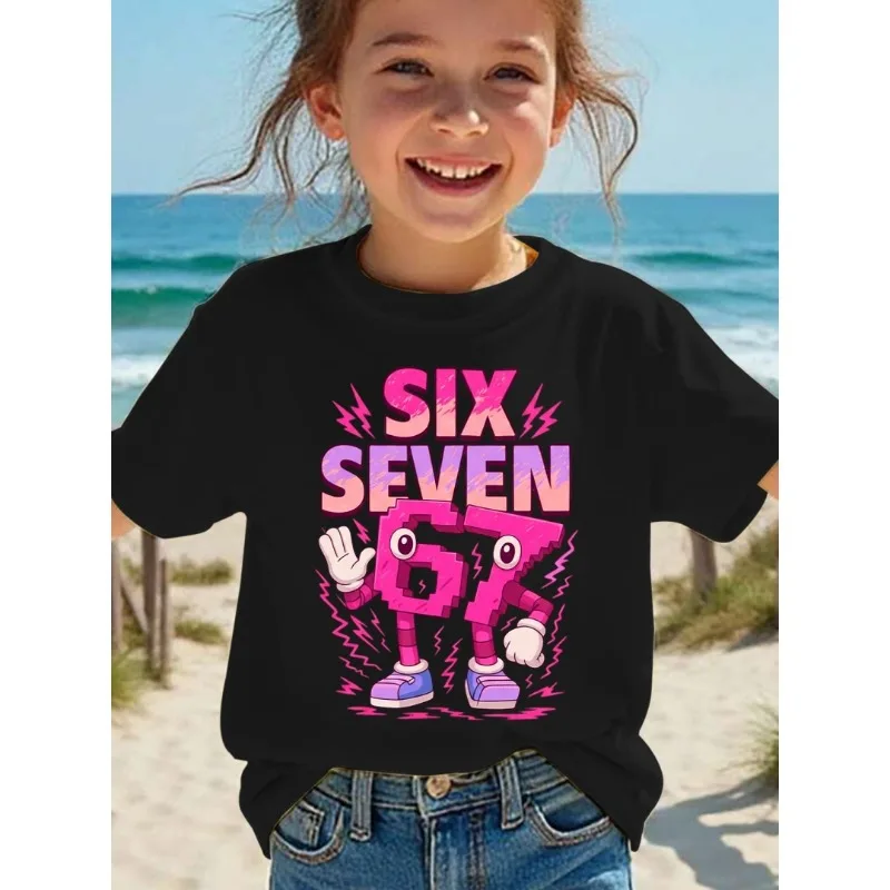 

Pure cotton children's T-shirt 2026 trendy cool number 67 cartoon print for boys and girls summer casual parent-child wear