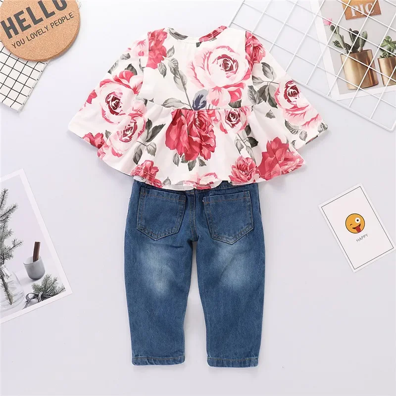 2PCS Clothes Set  Toddler Baby Girl Floral Print Long Sleeve Top+Ripped Hole Denim Pant Autumn Costume  for Kids Girl 1-4 Years