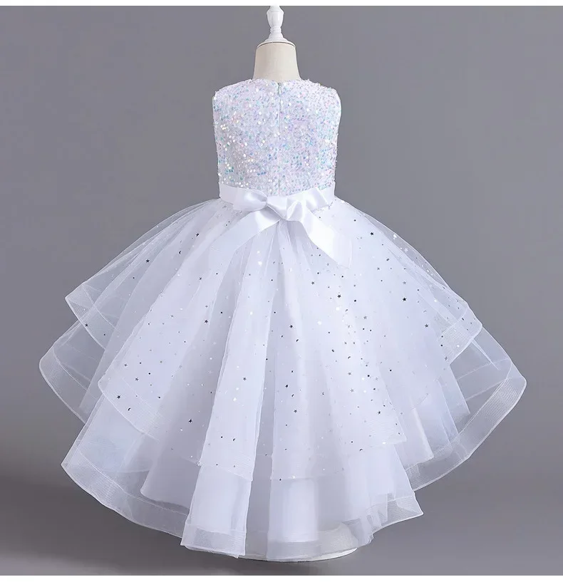 Vestidos de menina de lantejoulas brilhantes infantis, tule, arco sem mangas, princesa estrelada, crianças, festa de casamento, vestido formal, vestido Hi-Lo