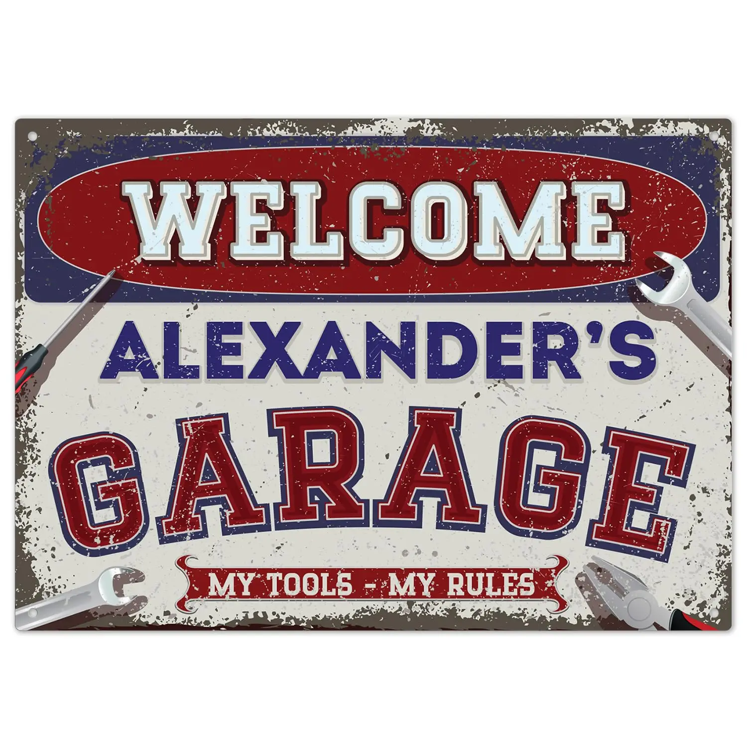 Custom Welcome Garage Signs, Personalized Rustic Vintage Sign, For Him, Man Cave, Indoor/Outdoor Sign, 10x14 Inches, Aluminum Co