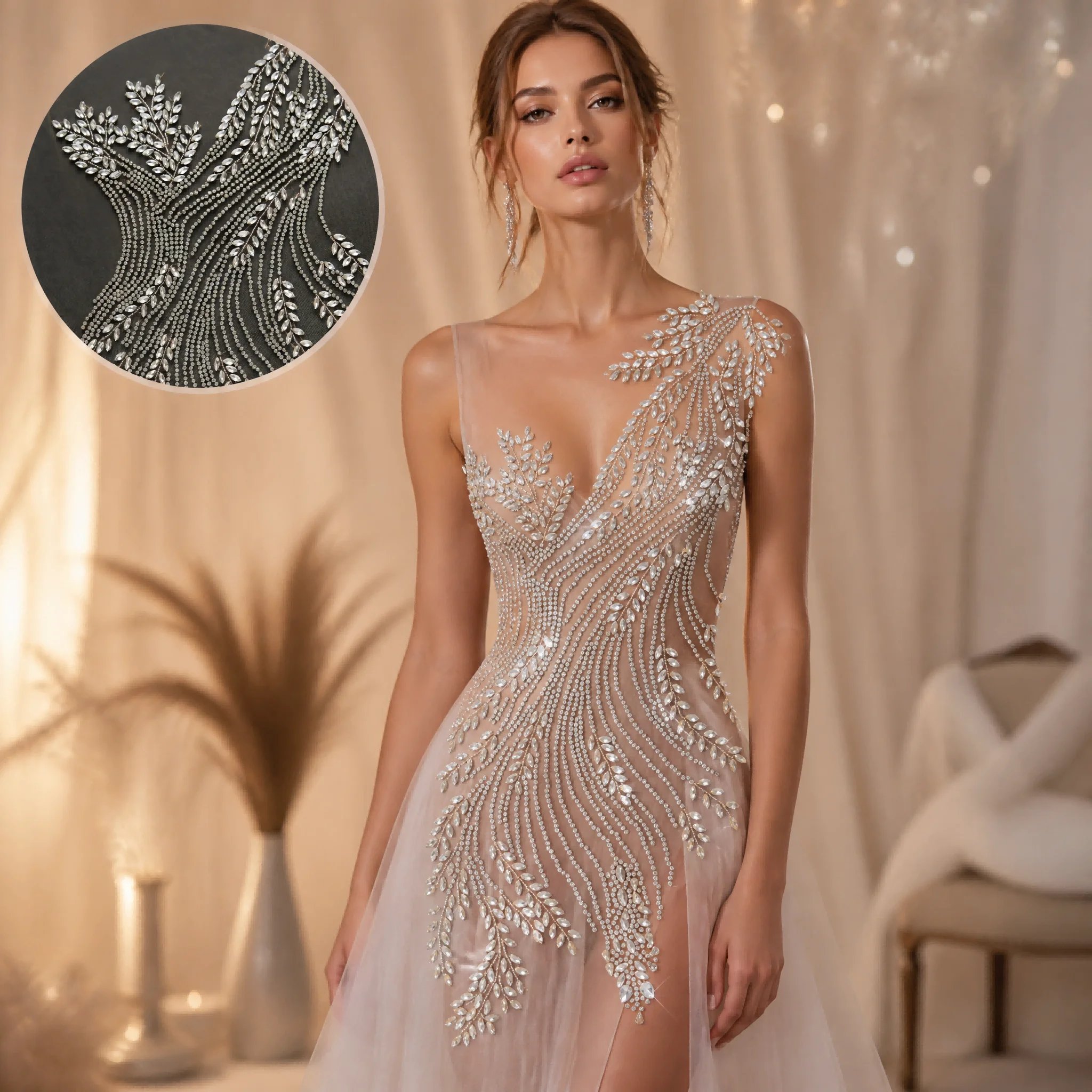 

Newest Handmade Rhinestone Bodice Applique for Bridal Wedding Prom Gown, Ideal for Dress Designer and DIY L