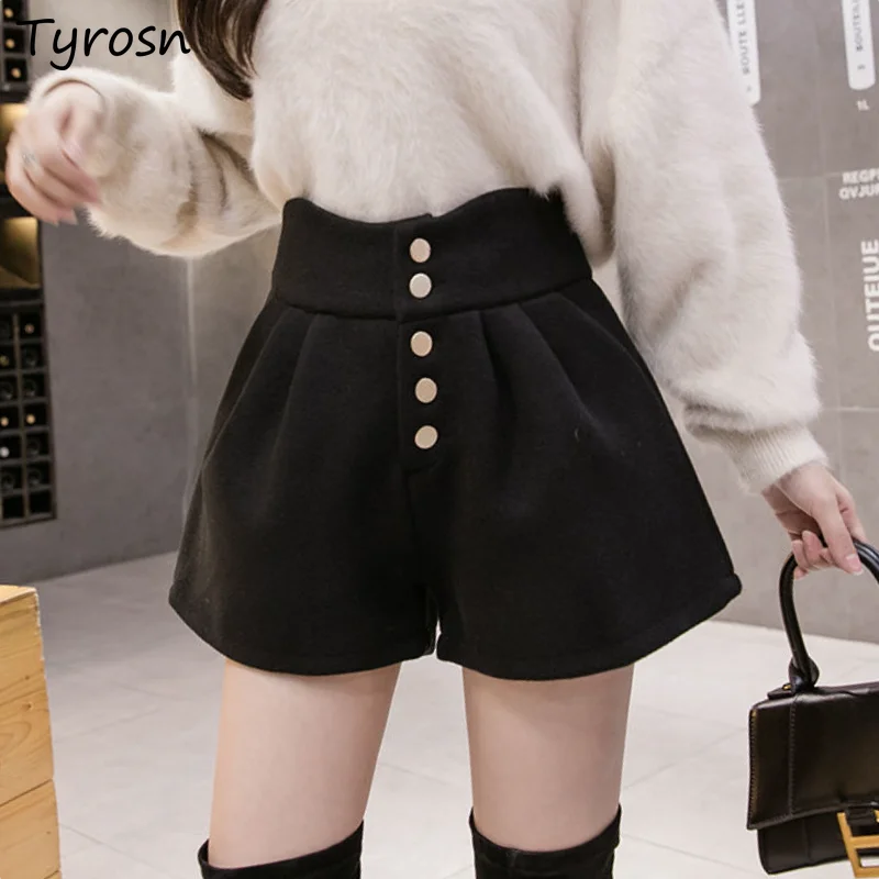 Women Woolen Wide Leg Shorts Folds Sweet Korean Style S-4XL Office Elegant Solid New High Waist Button-up Zipper Retro Clothing