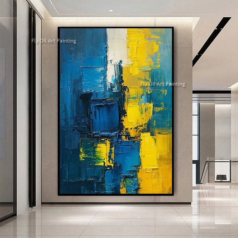Vertical Impasto Abstract Oil Painting, Hand-Painted Urban Skyline Art, Contemporary Color Block Living Room Wall Decor