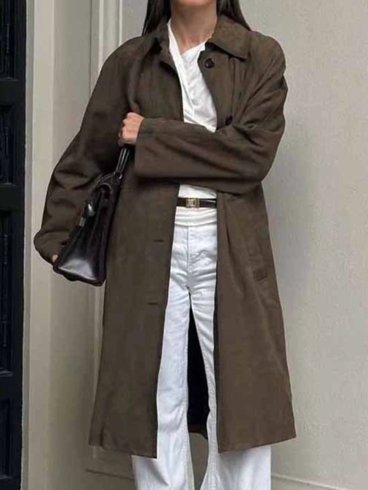 

Long Suede Jacket Women's Casual Versatile Retro European and American Brown Long-sleeved Tooling Trench Coat