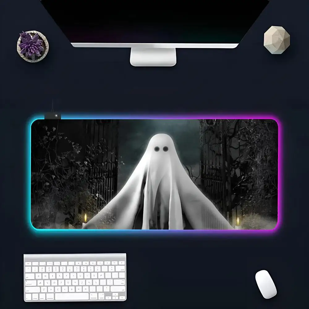 Halloween Ghosts MINISO Mouse Pad RGB Gaming Mousepad LED Large Gamer Mousepads XXL Keyboard Pads Luminous Desk Mat Backlit