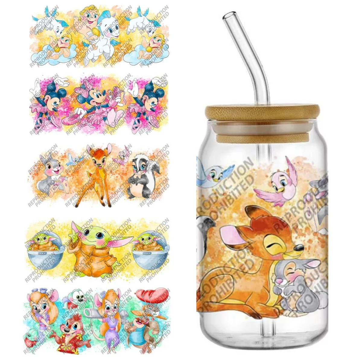 Popular Bambi hybrid cartoon design UV DTF Wraps Transfer Sticker for 16oz Libbey Cup Wraps 3D Stickers