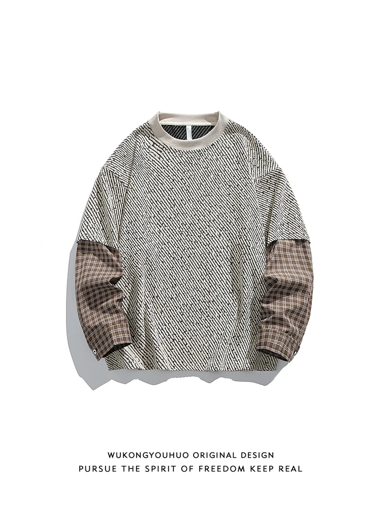 

Trendy Plaid Patchwork Long Sleeve T-Shirt Men's Vintage Loose Casual Top Youth Popular Polyester Fiber Autumn Season Fashion