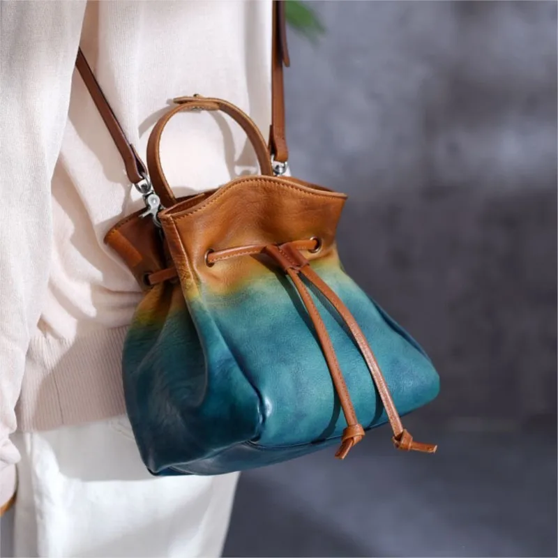 

Johnature Vintage Drawstring Bucket Bag Genuine Leather Summer 2024 New High Quality Natural Cowhide Shoulder & Crossbody Bags