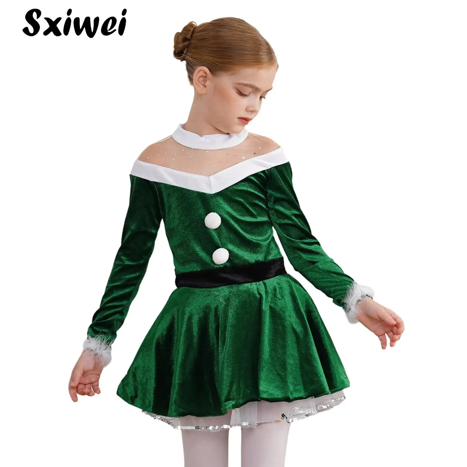 

Girls Miss Santa Claus Dress Long Sleeve Velvet Tutu Leotard Figure Ice Skating Dress New Year Christmas Ballet Dance Costumes