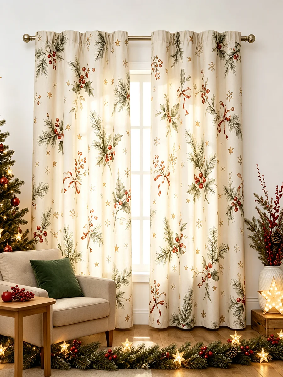 Beige Christmas Pine Holly Berry Star Curtains, Rod Pocket, Polyester, Home Decor, Bedroom Living Room, Vintage Decor, Polyester