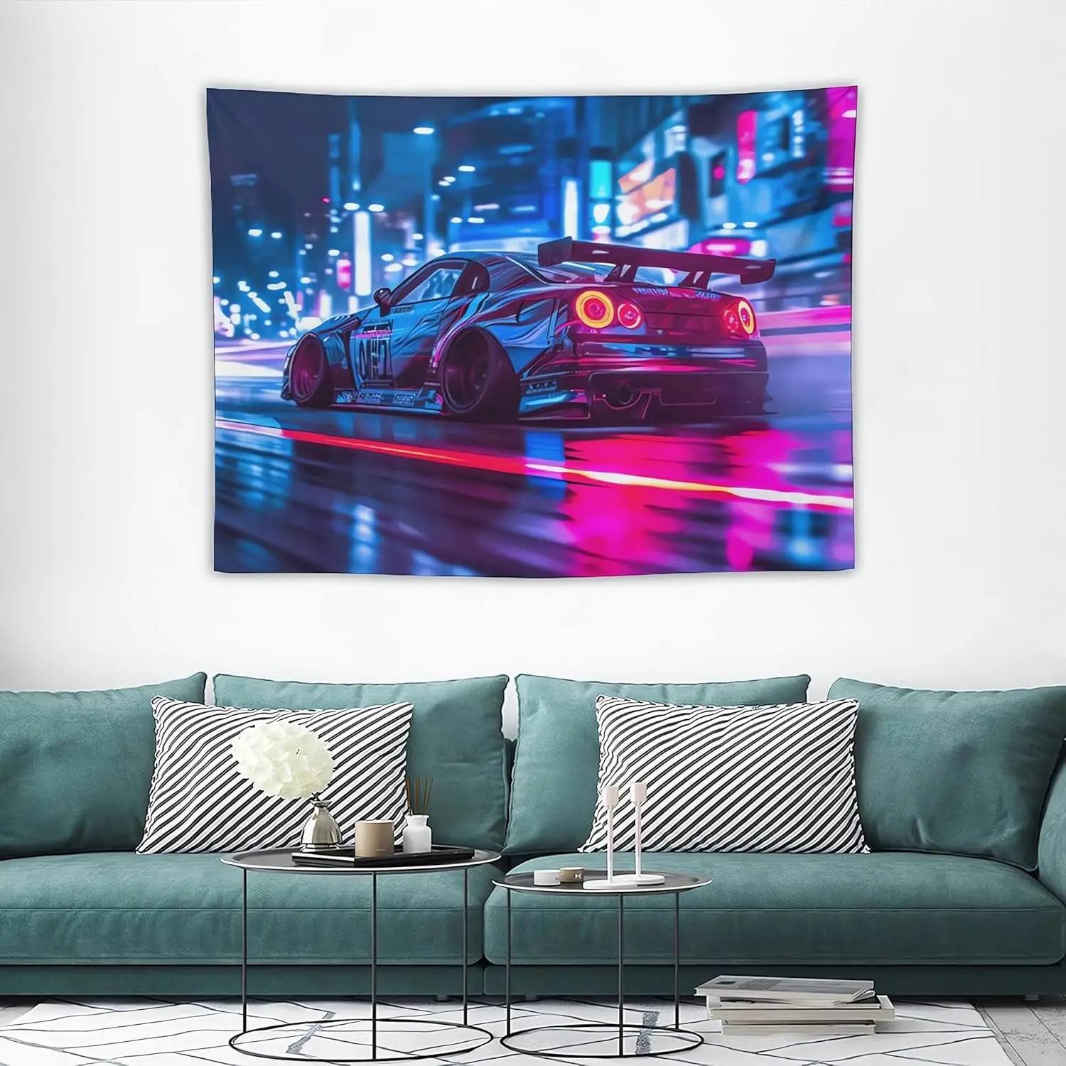 Car Tapestry for Men Teen Boys, Neon Sports Car Tapestries City Night Wall Hanging Aesthetic Decoration for Bedroom Living Room