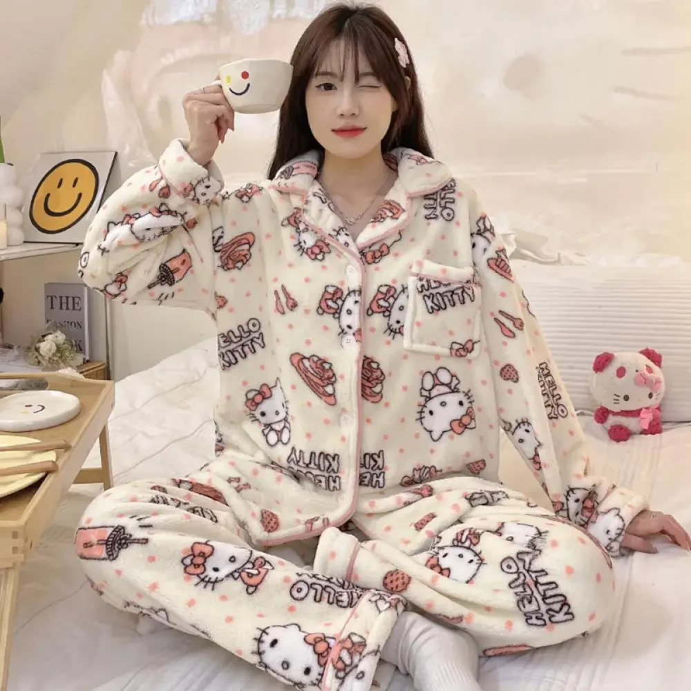 New Anime Pompompurin Women 2Pcs Plush Pajamas Suit Sanrio Kawaii Hello Kitty Winter Coral Fleece Loungewear Cute Warm Homewear