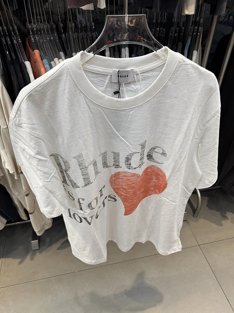 White Rhude Is for Lovers T-shirt Red Heart Print Casual Oversized Short Sleeve T Shirt Real Photo