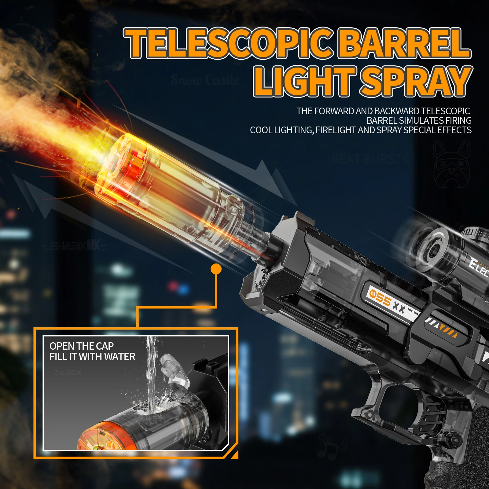 2025 어린이 인기 전동 스프레이 & 물총 소리와 빛 효과가 있는 장난감 야외 활동용 스프레이 진동 총 장난감