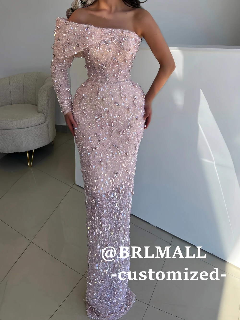 فستان سهرة رسمي طويل بكتف واحد من BRLMALL - فساتين حفلات غمد من الأحجار - فساتين حفلة موسيقية نسائية مخصصة 2026