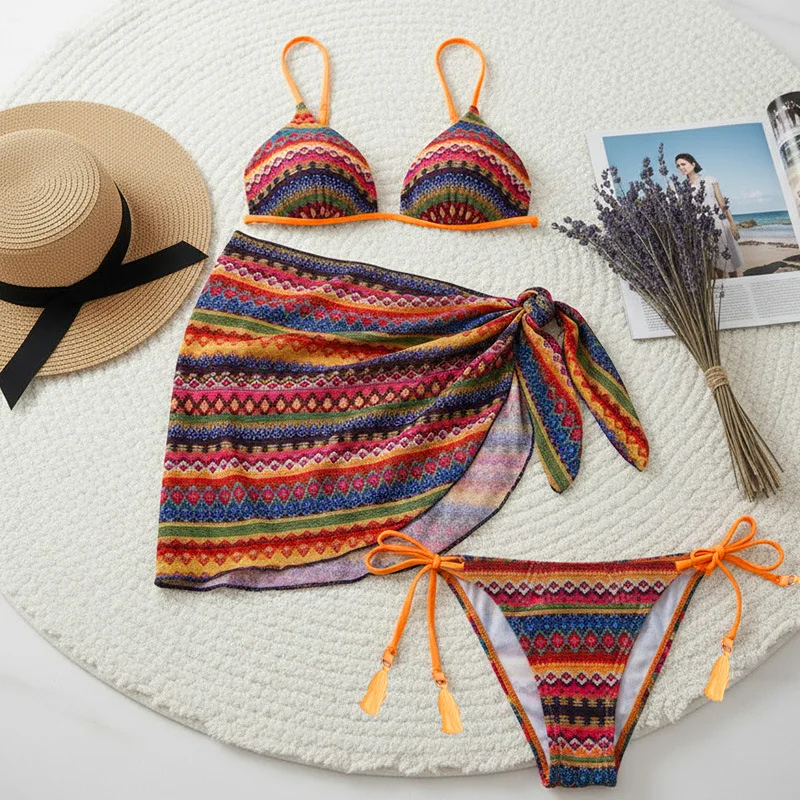 

Sexy Red Stripe Patchwork Bikini Set 2026 Women Halter Push Up Bra Mesh Skirt 3 Piece Swimsuit Beach Bathing Suit Thong Swimwear