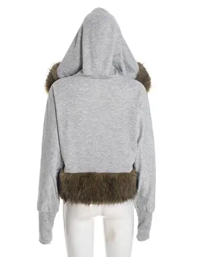 Outono e inverno cor sólida gola de pele retalhos com capuz jaqueta curta para personalidade casual feminina jaqueta de manga curta