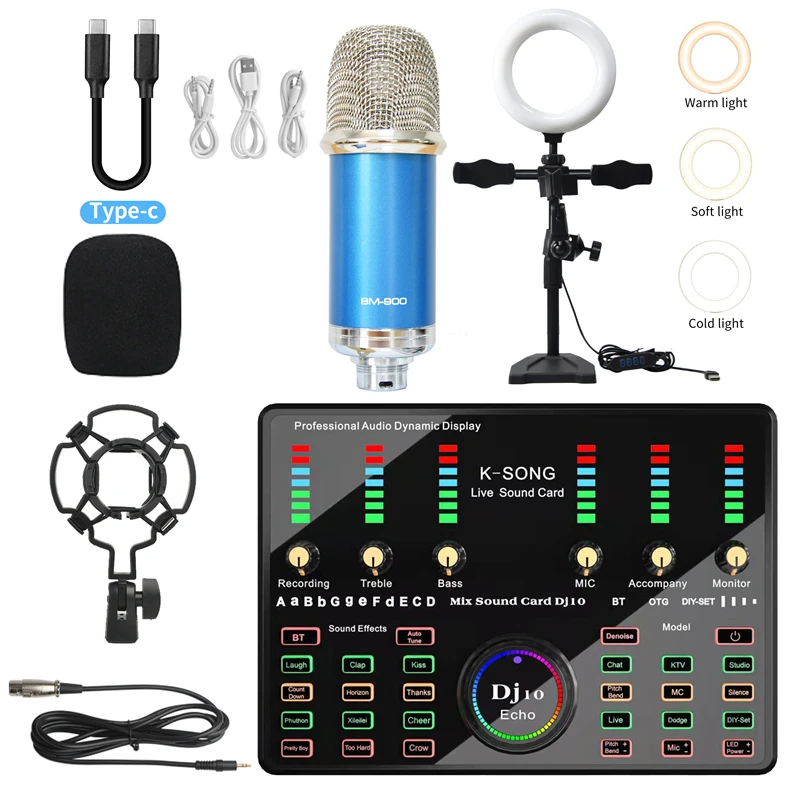 Karaoke Microfoon Professionele Condensator Bluetooth Draadloze Met Ring Licht Invullen Microfoon Geluidskaart Streaming Living Gaming Zingen