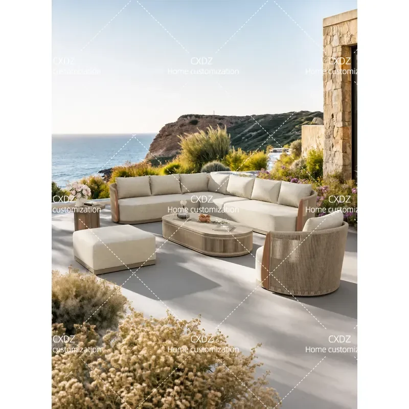 Outdoor Teak Aluminum Rattan Sofa Set Waterproof Sunproof Garden Patio Furniture for Villa Courtyard High End Open Air