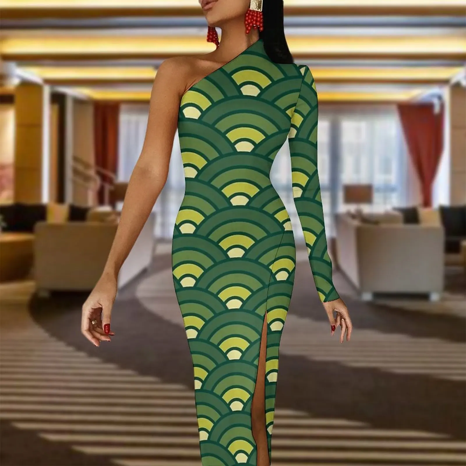 Japanese Seigaiha Long Dress Woman Green Yellow Party Maxi Dress Spring Sexy Bodycon Dresses High Slit Design Clothing