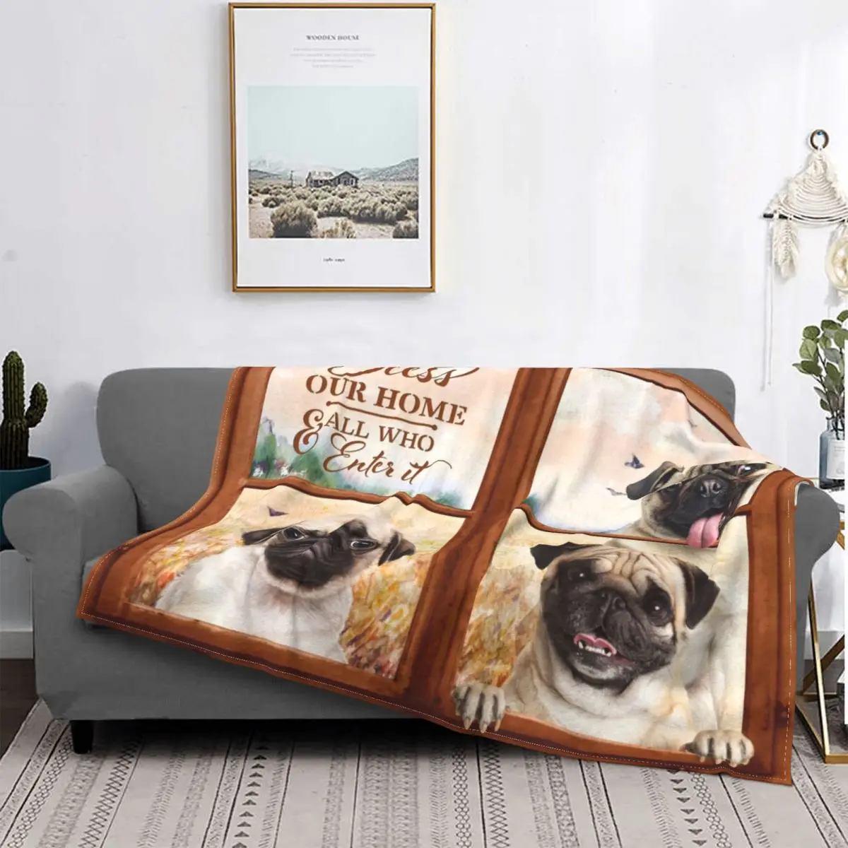 Pug Dog Bless Our Home Blanket Fleece Printed Multifunction Ultra-Soft Throw Blankets for Bedding Office Plush Thin Quilt