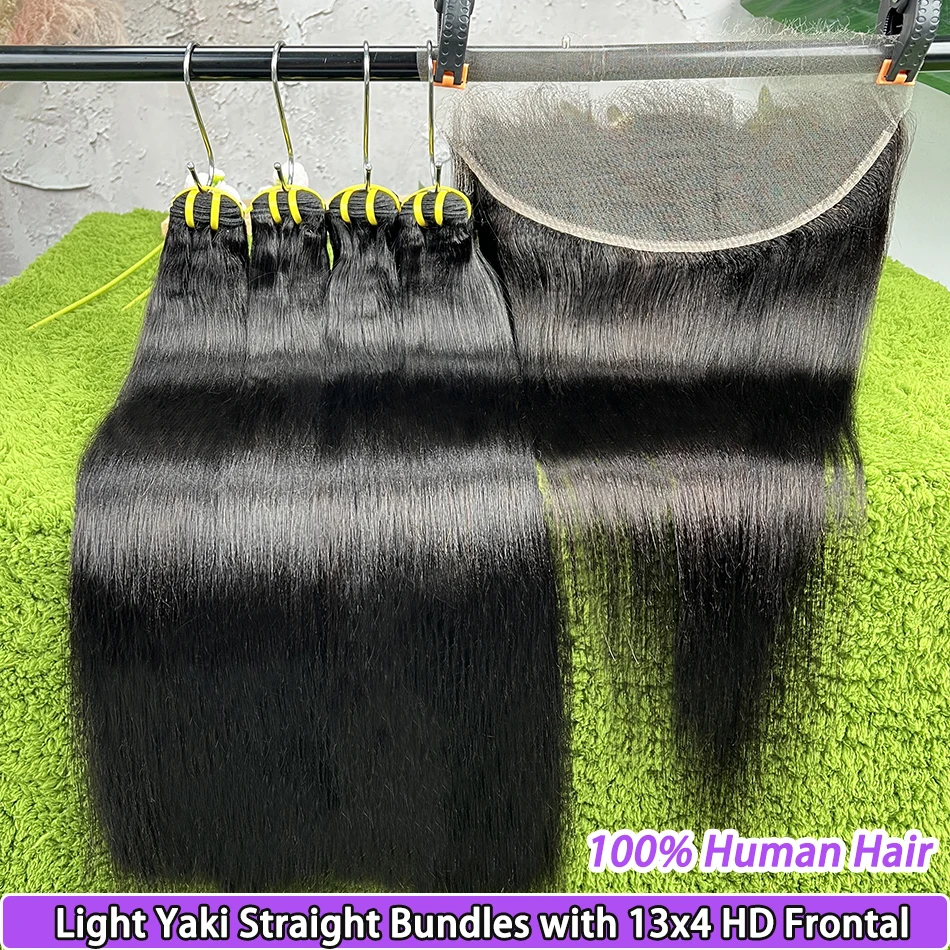 Yaki Straight Human Hair Bundles With 13x4 HD Lace Frontal #1B Natural Black Color Hair Weave Extensions And Closure Bundle Deal
