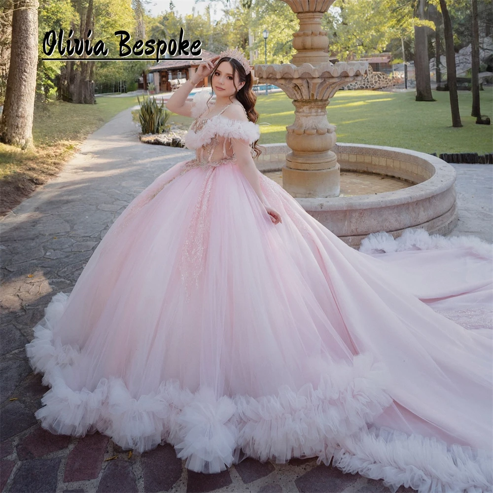 

Wonderful Baby Pink Princess Quinceanera Dress Wedding Ball Gown Beaded Applique Tulle Ruched Train vestidos 15 años quinceañera