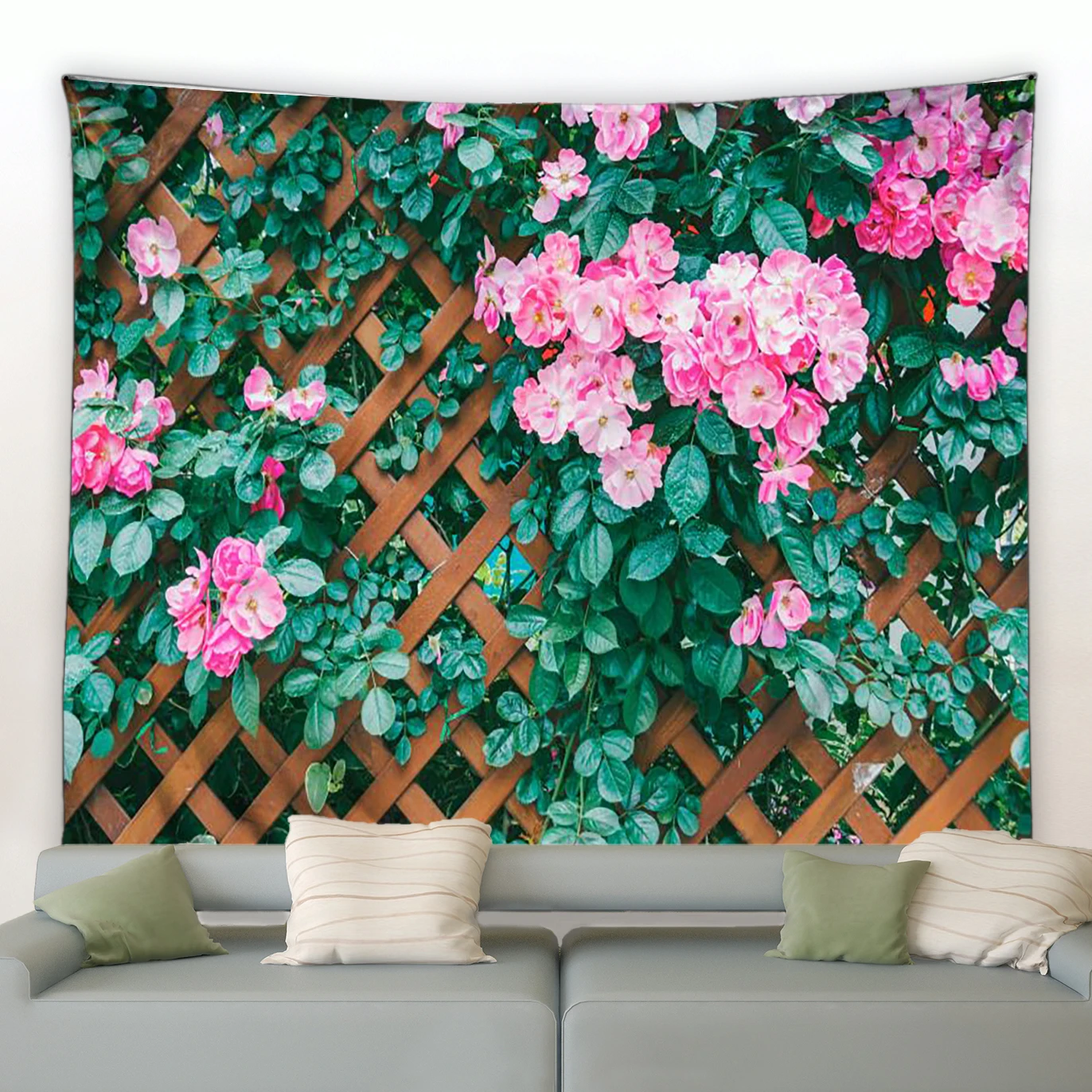 Fence Pink Flowers Tapestry Vintage Window Flower Arch Garden Park Nature Plant Wall Hanging Modern Home Living Room Patio Decor