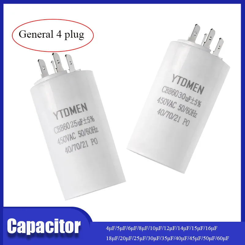 CBB60 4-Pin Motor Starting Capacitor 4-60μF 450VAC Dual Insert Design for Air Compressor/Water Pump/Pool Motor Replacement