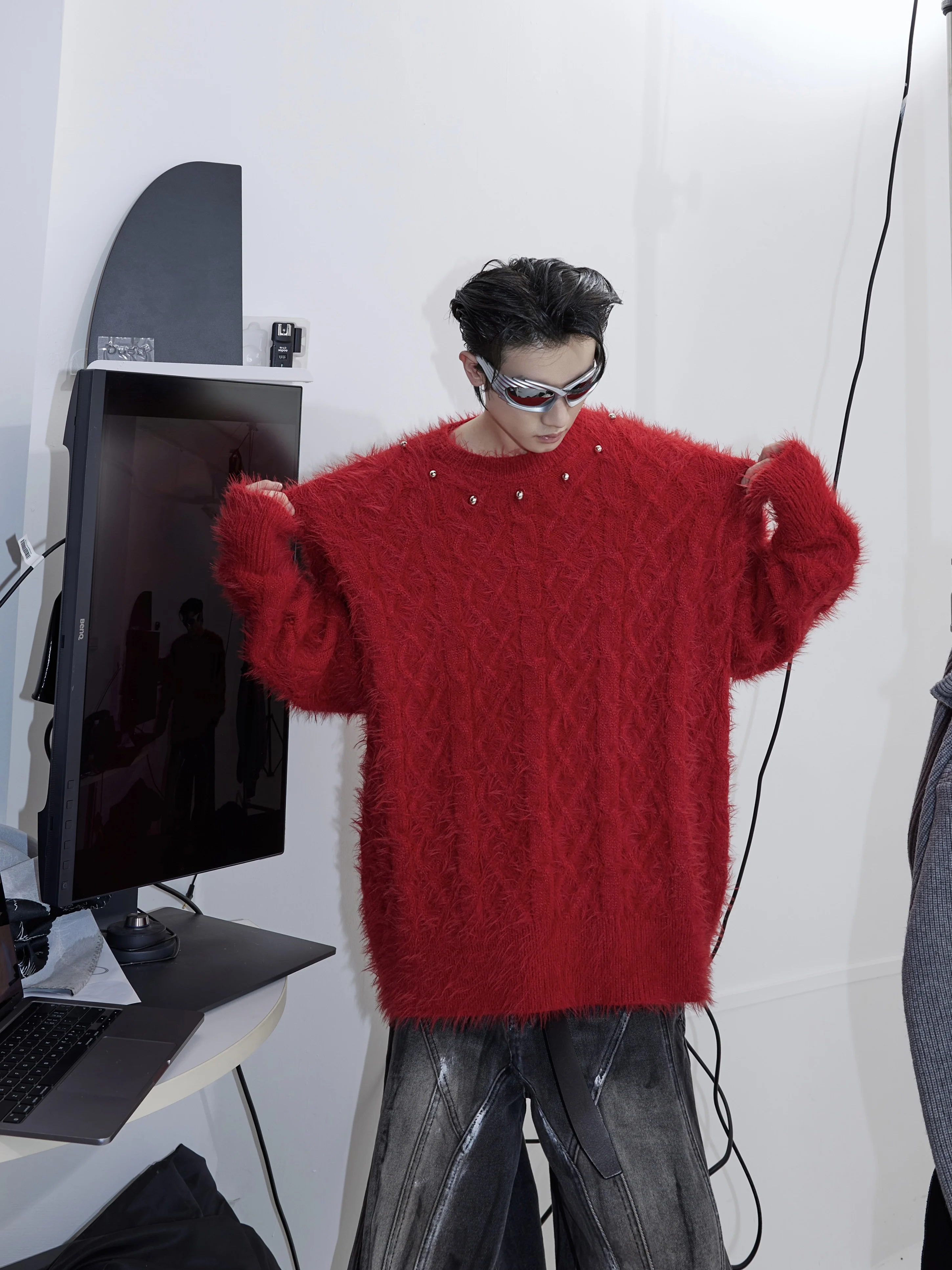 Metallic Knitted Sweater Loose Fit Unisex  Color Lazy Style Trendy Button Design Casual Wear Cotton Wool Blend Autumn
