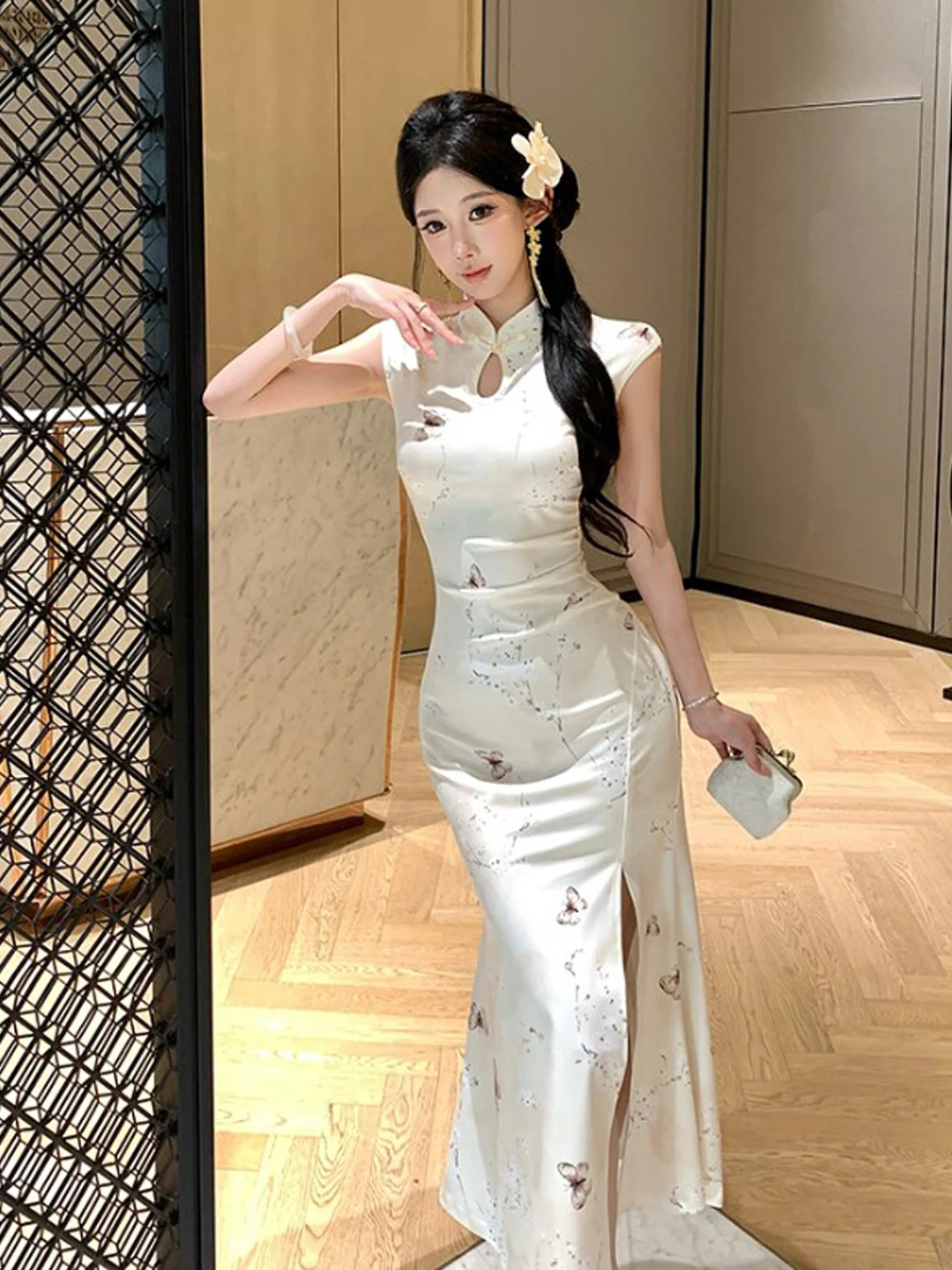 

New Chinese Style Qipao Dress Unique Beautiful Hollow out Print Bodycon Skirt Summer Fashion Women's Clothing Cotton Material