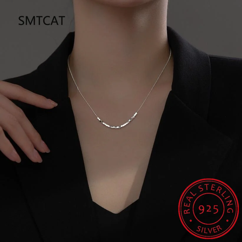 925 Sterling Silver Slide Block Sparkling Necklace Basic Chain Link Simple Fine Jewelry For Women Valentine\'s Day Gift