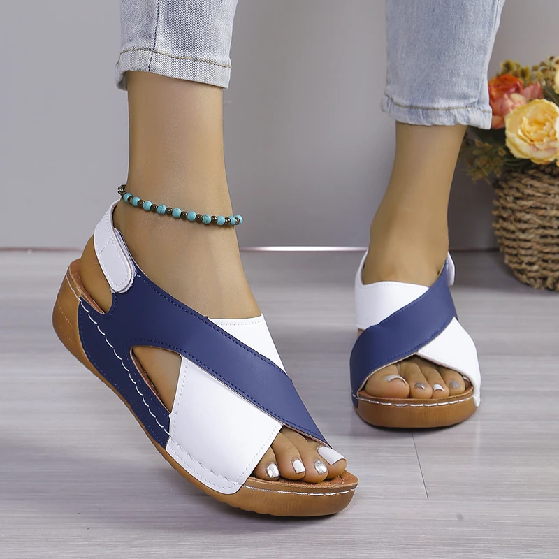 2025 Women's Contrast Color Wedge Sandals Summer Peep Toe Non Slip Beach Shoes Woman Comfortable Platform Roman Sandalias Mujer