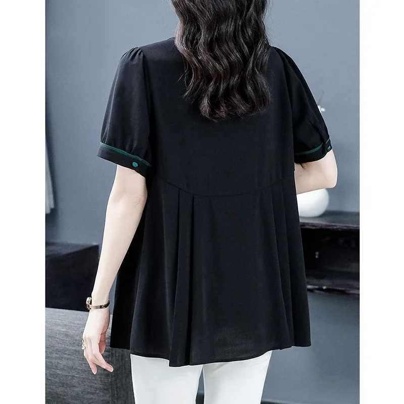 Summer New Oversized Ruffles Spliced Casual Shirt Lady Short Sleeve V-neck Loose All-match Pullover Tops Women's Elegant Blouse