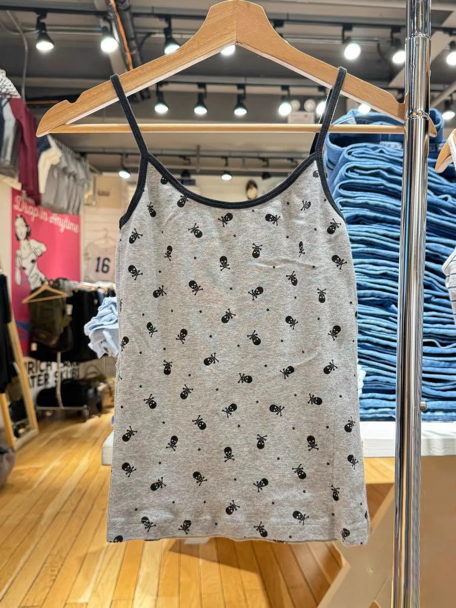 Skull Print Gray Vest Pants 2 Pieces Set Women Summer Cotton Slim Tank Top High Waist Straight Pants Casual Vintage Pajama Sets