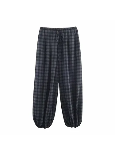 Imagen 2 del producto Pantalones bombachos versátiles a la moda de otoño 2025 para mujer, pantalones sueltos con estampado a cuadros, pantalones informales con cordón de cintura alta para mujer