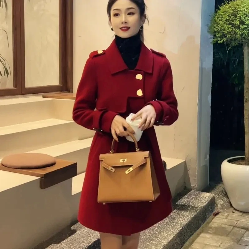 2023 Autumn/Winter New Popular Female Small Fragrant Wind Woolen Coat Red Korean High Grade Hepburn Wind Woolen Outcoat Women